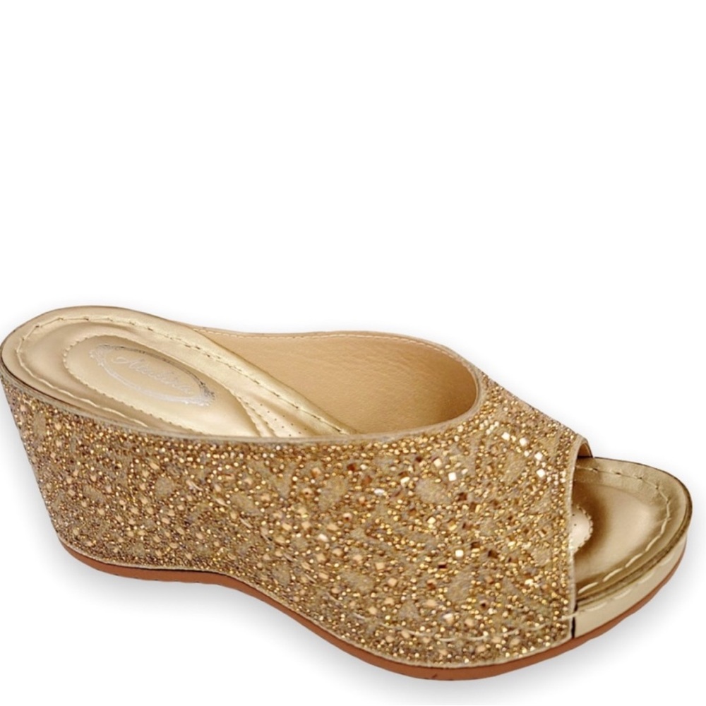 Restock! Italina Gold Rhinestone Embellished Wedding Shoe Dressy Wedge